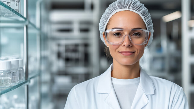 Female scientist in protective gown and safety glasses smiling in laboratory