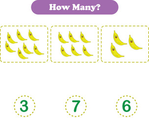 Counting game of fruits for preschool kids. Counting fruits. Printable. Vector Illustration