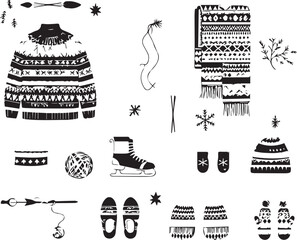 Winter Accessories Vector Set: Nordic Sweater, Scarf, Ice Skate, and Knitwear Line Art