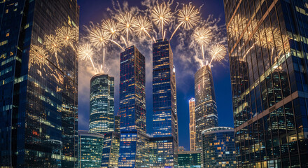A spectacular fireworks display lights up the night sky above a modern cityscape of tall buildings.