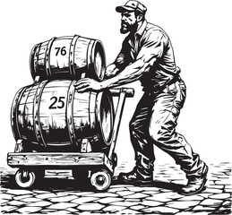 Man Pushing Wooden Barrels on Hand Truck Vector Illustration: Brewery and Delivery Work
