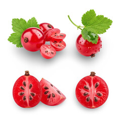 Fresh red currant composition with leaves and sliced fruit Transparent Background
