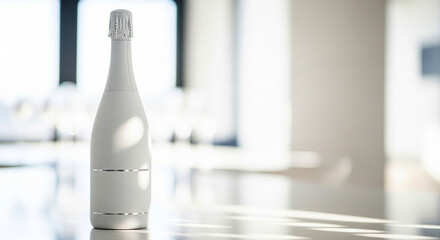 A white champagne bottle accentuates a simple New Year's celebration on a white table with a blurred background.