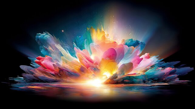 A vibrant, abstract explosion of colorful smoke or paint erupts from a dark, reflective surface resembling water. The colors include bright pink, yellow, orange