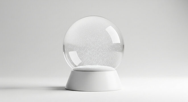 Product stand in snow globe: Abstract glass dome over white stand with soft snow particles. Winter luxury look. No product. Empty space.