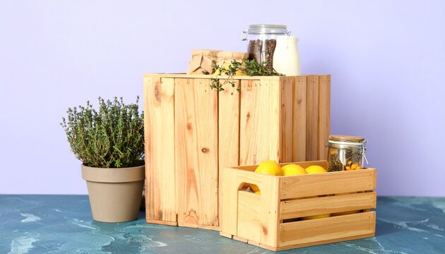 A rustic display of wooden crates and jars filled with herbs and lemons, with a potted plant nearby.