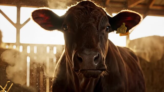 Brown Cow Portrait in Farm Barn - A close-up portrait shows a brown cow standing in a farm barn, bathed in bright sunlight. The cow has a yellow tag in its ear and looks directly at the camera.