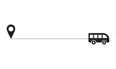 Bus route map with location markers. Minimal travel icon showing a bus moving along a dotted route between two map pins, representing transportation, navigation, and journey planning.