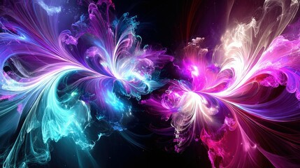 Two symmetrical, vibrant fractal patterns resembling blooming flowers or explosions of energy, rendered in electric blues, purples, and pinks against a dark bac