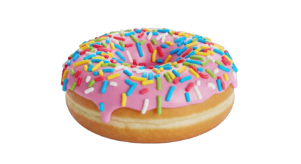 Delicious donut with pink frosting and colorful sprinkles isolated on transparent background