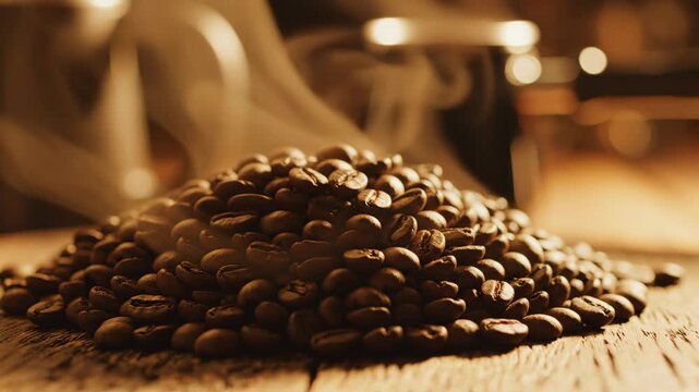 Steaming Coffee Beans on Wood - A close-up shot showcases a pile of roasted coffee beans resting on a rustic wooden surface.