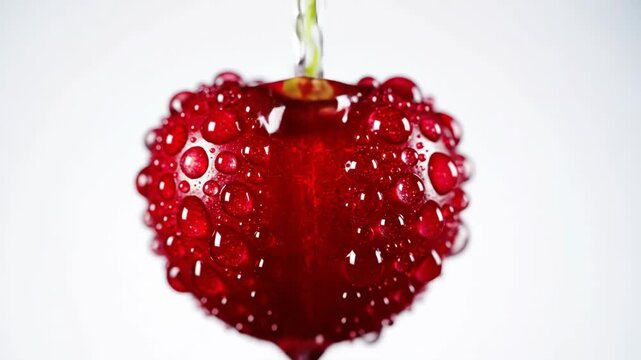 Fresh Red Cherry Close-Up - A studio shot shows a single ripe red cherry with a green stem. The cherry is covered in water droplets against a clean white background.