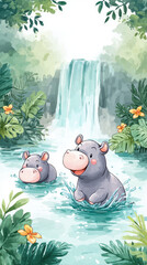 Charming watercolor illustration depicts two adorable hippos enjoying playful moment serene water setting surrounded by lush greenery and flowers