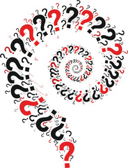 Question, marks, spiral, pattern, black, red, vortex, abstract, design, symbol, curiosity, inquiry, confusion, typography, graphic, concentric, swirling, visual, illustration, concept