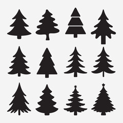 Obraz premium Black Christmas pine tree silhouette collection clipart set drawing with decoration in white background for xmas season flat icon vector illustration.