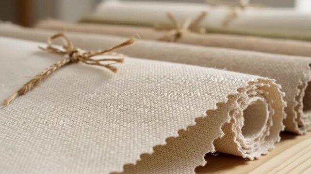Rolled Organic Cotton Canvas Swatches - A close-up shows a row of rolled swatches of eco-friendly organic cotton canvas fabric.