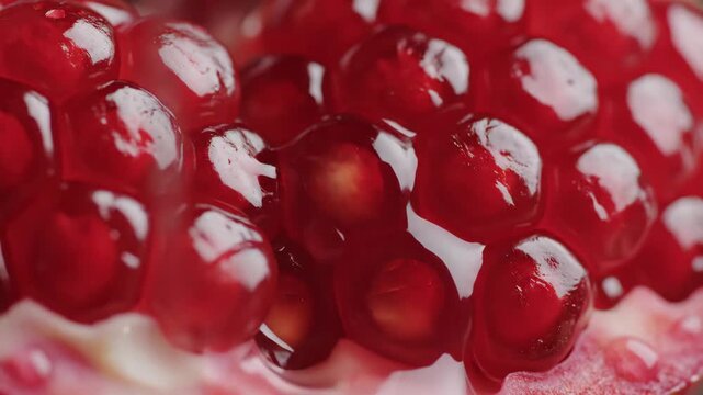 Pomegranate Seeds Close-Up Texture - A macro shot showcasing the vibrant red texture and juicy seeds of a ripe pomegranate. The close-up highlights the individual arils and their shiny surface.