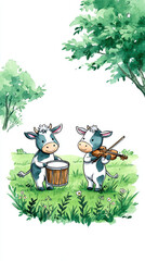Two adorable cows play music in charming watercolor illustration, one on drums and other with violin, surrounded by greenery