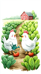 Charming watercolor illustration features two adorable chickens watering tomatoes in lush garden near red barn, evoking joyful farm scene