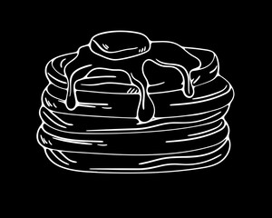 Illustration black and white Delicious stack of pancakes with melting syrup and butter on top, ready to indulge your taste buds in the morning