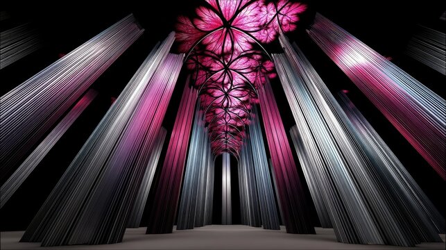 An abstract, futuristic architectural interior with metallic columns and a ceiling adorned with pink floral patterns. The lighting is dramatic and moody.