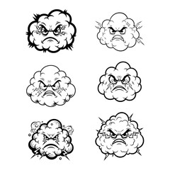 Set of Angry Cartoon Storm Clouds with Lightning Illustrations