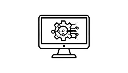 Computer screen displaying a gear icon with circuit board elements.