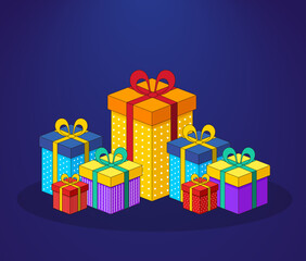 boxing day sale with colorful realistic gift boxes blue background