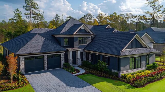 Suburban Dream Home: Modern Architecture, Lush Landscaping, and Serene Skies