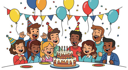 Joyful diverse group celebrates birthday with cake, balloons, and confetti, perfect for invitations, social media, and party supply promotions