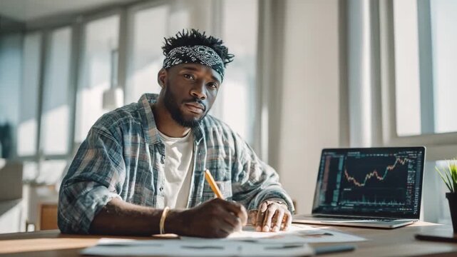 Focused Financial Planner: An focused individual engrossed in his financial plans with a pen and laptop, symbolizing a meticulous approach to finance.
