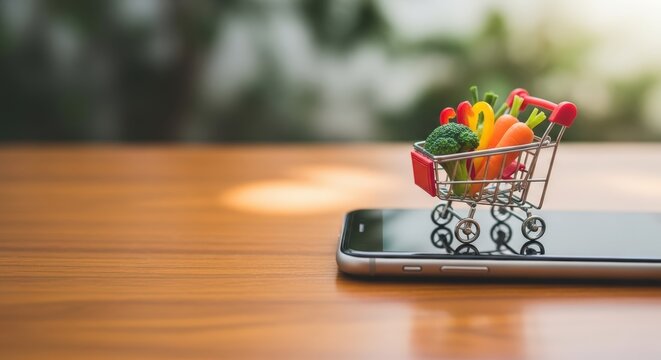 Miniature shopping cart filled with colorful vegetables on a smartphone screen, representing online grocery shopping and the convenience of mobile commerce in modern retail