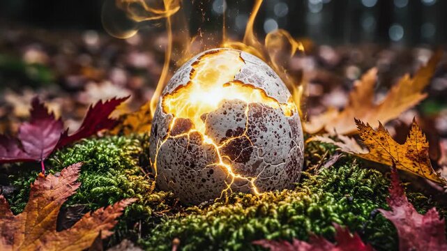 Cracked Glowing Egg on Autumn Moss - A cracked, speckled egg rests on vibrant green moss surrounded by colorful autumn leaves. Light emanates from within the egg, creating a glowing effect.