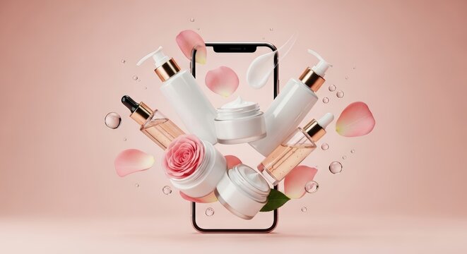 Smartphone mock up featuring skincare products, including bottles and jars, surrounded by rose petals and bubbles, creating a vibrant beauty concept for online shopping