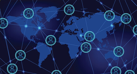 Global digital network connecting worldwide communication grid with futuristic geographical map design