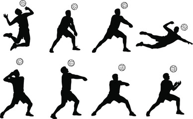 Volleyball player silhouette vector, jumping, spiking, blocking, serving, diving, receiving, sports action poses, black figures, ball movement, athletic motion, training