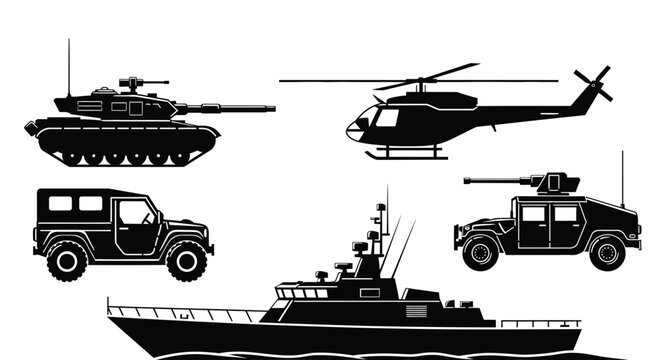 Powerful military vehicles and vessel silhouettes ready for action