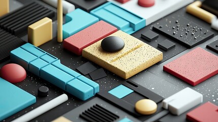 A close-up, high-angle view of an abstract arrangement of geometric shapes. The shapes are in various colors including teal, red, yellow, black, and white, with