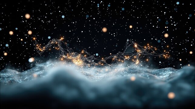 An abstract representation of interconnected nodes and lines forming a network structure, set against a dark, star-filled background with glowing orbs and a mis - Powered by Adobe