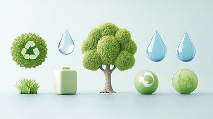 48.A creative set of 3D environmental icons including a tree, a recycling symbol, a water droplet, and a globe, each rendered with realistic textures and shading, conveying a strong message of