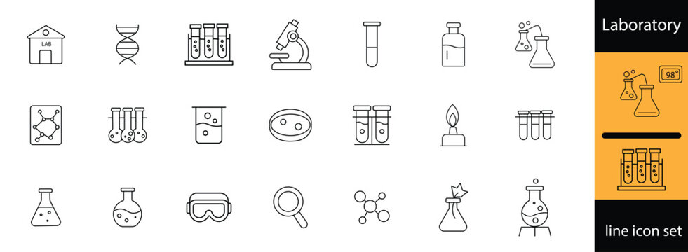 Laboratory icon set. Containing experiment, science, test tube, microscope, flask, chemical, biology, research, lab, technician and more. Editable line icons. Vector illustration