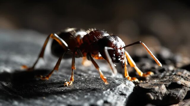 Macro Detail of Black Ant - A dramatic macro shot captures a black ant with orange legs against a dark background, highlighting its intricate texture and features.