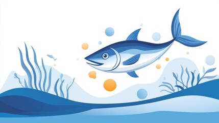 Obraz premium 19.A modern design promoting sustainable tuna fishing, with an infographic-like illustration of a tuna fish and key messages about conservation, placed against a background of healthy oceans, ideal