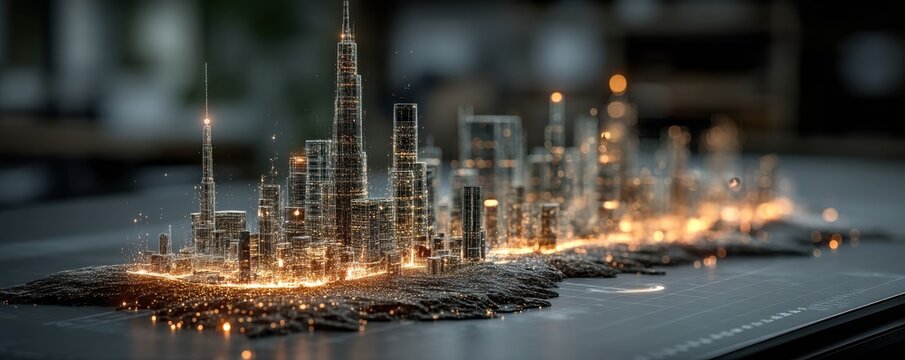 Holographic urban skyline model illustrates future city development on a digital table - Powered by Adobe