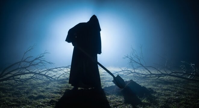 Grim Reapers Night Work Dark Silhouette Against a Foggy Landscape.