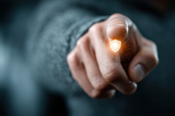 Businessman touches a glowing digital shield on a holographic network to illustrate cybersecurity and online protection