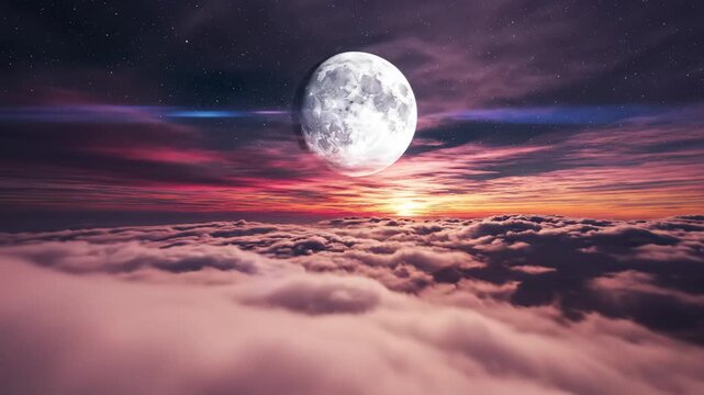 Dramatic Night Sky with Full Moon over Clouds - This captivating video showcases a dramatic night sky filled with intense colors of pink, orange, and yellow.