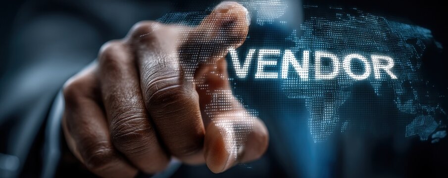 Businessman engages with a digital vendor interface featuring a global map and technology visuals