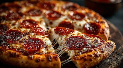 Pepperoni pizza with melted cheese on a wooden board close up.