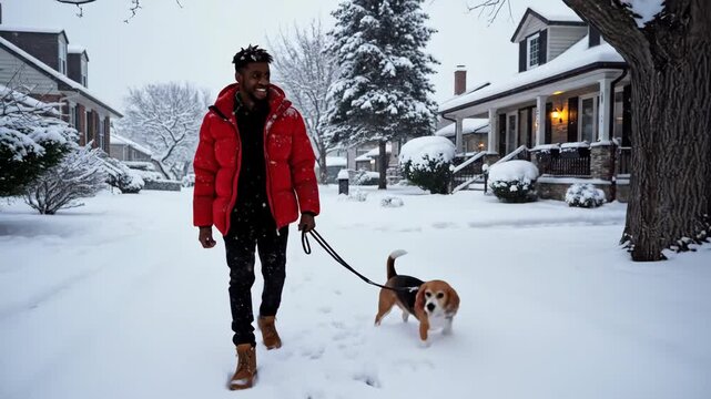 African American man in red jacket walking his beagle on snowy suburban street. Winter pet stroll sequence captures outdoor exercise and dog companionship in cold neighborhood. video footage video